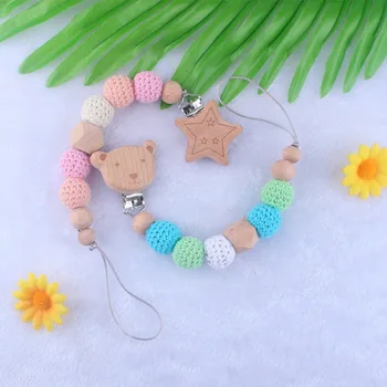 

DHL 200pcs Baby Teether Pacifier Chain Elephant Wooden Clip Geometric Crochet Beads With Bag Wood Teether Tiny Rod Toys