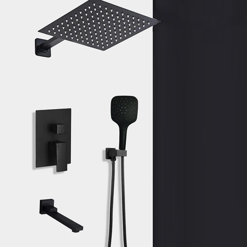 Black Shower Set Wall Mounted Shower Faucet Mixer 8inch to16inch Rainfall Bathroom Shower Tap with Handshower Rotate Bath Spout