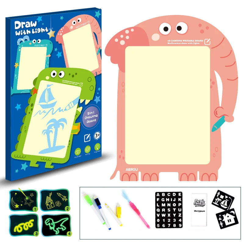 QWZ 2 в 1 доска для рисования волшебная доска для рисования набор обучающая доска для рисования с ночным светильник в темноте веселые детские игрушки подарки для детей - Цвет: A3 Elephant