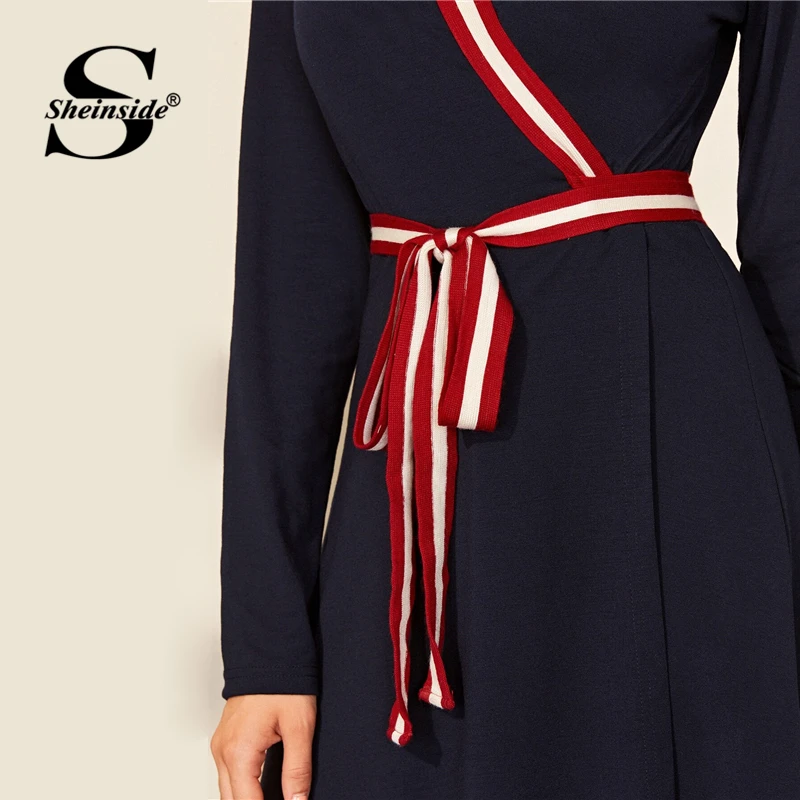 Sheinside Elegant Stripe Trim Patchwork Dress Women Autumn V Neck Wrap A Line Dresses Ladies Navy High Waist Belted Dress