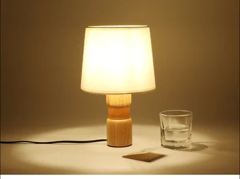 

wood table lamp E27 small with leather wood base fabric shade black or white reading lamp