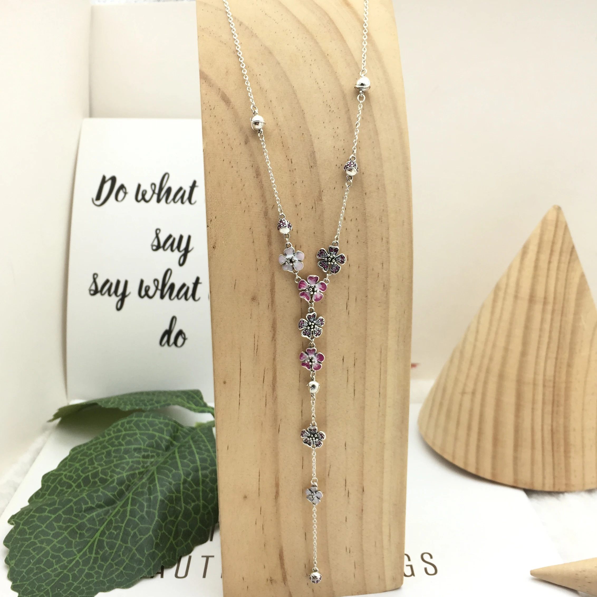 925 Sterling Silver Pink Peach Blossom Flower Y-Necklace Women Charm Fashion Personality Jewelry Free Shipping