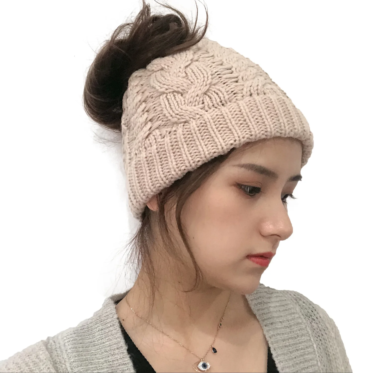 Womens Ponytail Winter Beanie Hat Warm Knit Messy Bun Ponytail Skull Cap Faux Fur Pom Pom Beanie