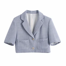 2021 spring women small fragrant wind coat buttons lapel short Suits jacket lady pocket Textured Cropped Outerwear crop Blazer