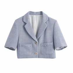 Casaco cortado e texturizado de vento feminino, jaqueta curta com bolso e botões na lapela para mulheres, primavera, 2021