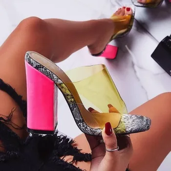 

Sandals 2019 Summer New High-heeled Fashion Women Fashion Wild Snake Pattern Graffiti Color Outdoor Slippers Waterproof Platform