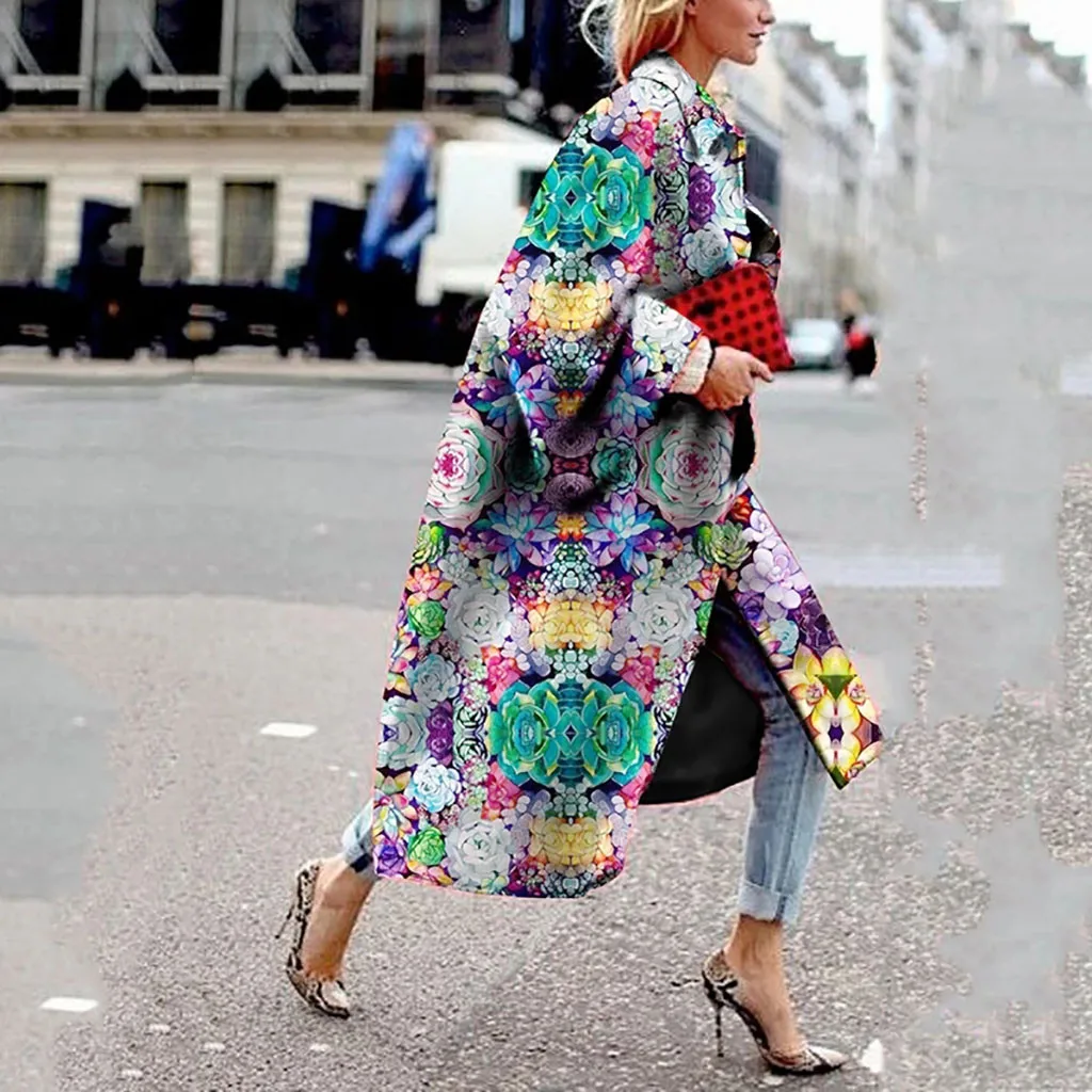 Богемный ретро печати оверсайз-Блейзер Женская мода отложной воротник длинный рукав пальто элегантное пальто свободные верхняя одежда