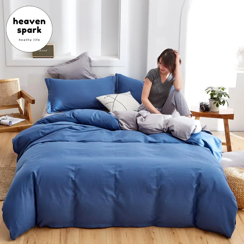 

A/B Side Soft Soild 100 Cotton Duvet Cover Set Natural Bedding Set with Quilt Cover/Flat Sheet/Bedspread/Pillowcase for 150 Bed