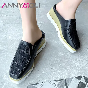 

ANNYMOLI Women Mules Shoes Lace Platform Wedges High Heels Bling Square Toe Pumps Casual Ladies Footwear Black White Size 33-43