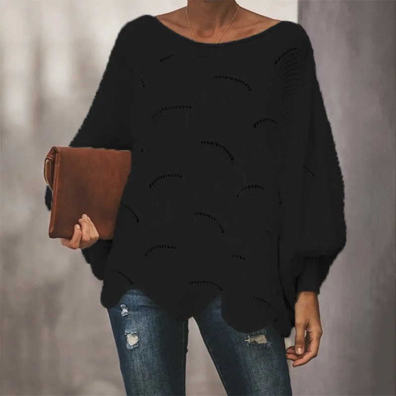 Вязаный женский свитер, сексуальный, с оборками, с рукавом-фонариком, с О-образным вырезом, Свободный пуловер, женские одноцветные Топы большого размера - Цвет: Черный