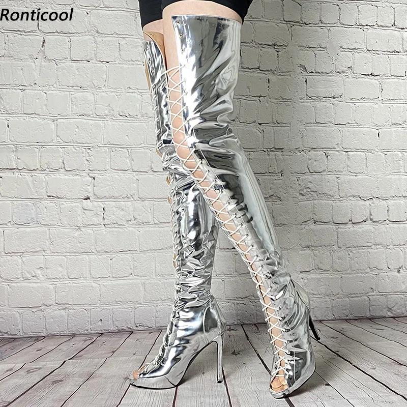 

Ronticool Personal Customize Women Spring Thigh Boots Patent Stiletto Heels Peep Toe Silver Party Shoes Women Us Size 5-20