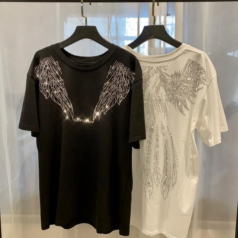 

Женский топ с коротким рукавом и круглым вырезом, свободная черная или белая футболка со стразами, готический пуловер в стиле Хай-стрит, лето 2022