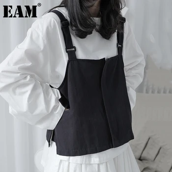[EAM] Women Loose Fit Black Pocket Brief Temperament Vest New V-collar Sleeveless Fashion Tide Spring Autumn 2021 1DA993 1