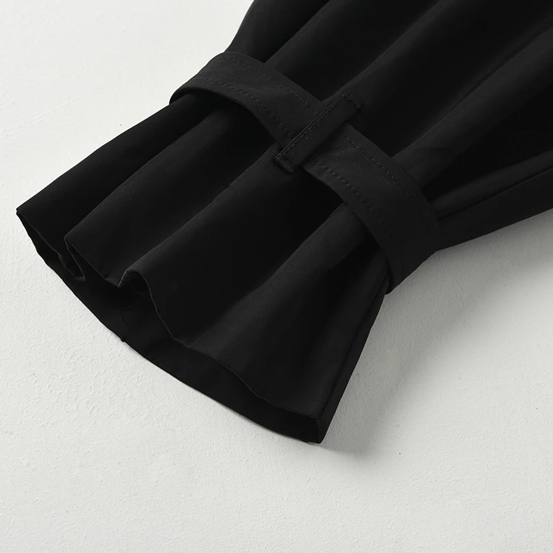 [EAM] женский черный бандажный Тренч большого размера, новая свободная ветровка с отворотом и длинным рукавом, модный Тренч для осени и зимы 1H3130