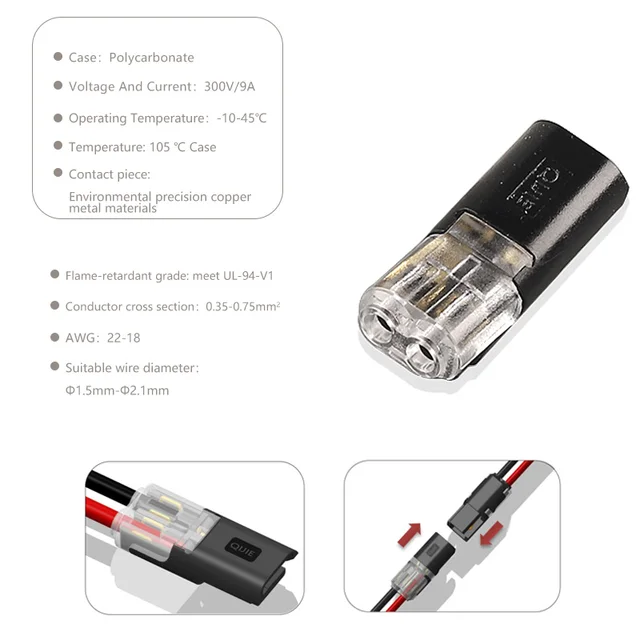 10pcs 2pin Quick Pluggable Splice Electrical Cable Wire Connector Crimp Terminals for 22-20AWG LED strip Car Wiring Connectors 10PCS D2 Connector