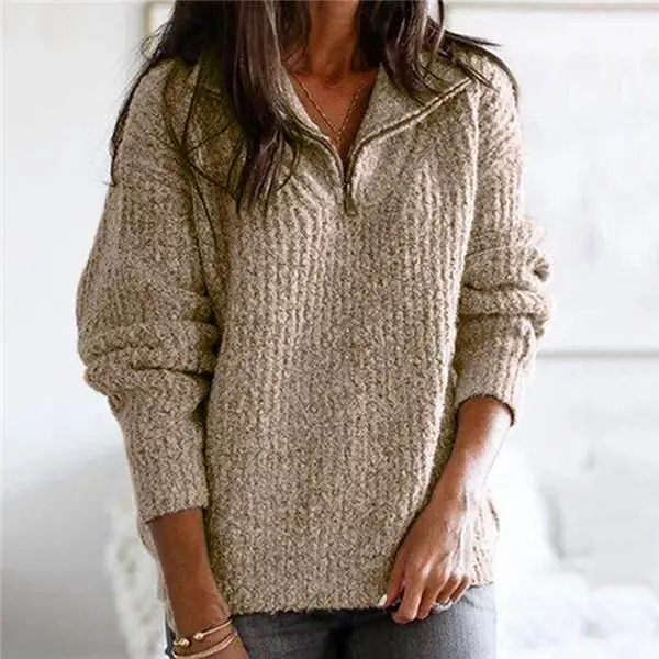 Женский вязаный свитер, зимний повседневный, на молнии, с отложным воротником, свободный Женский пуловер, модный, 5XL размера плюс, женский джемпер, Топ - Цвет: KHAKI