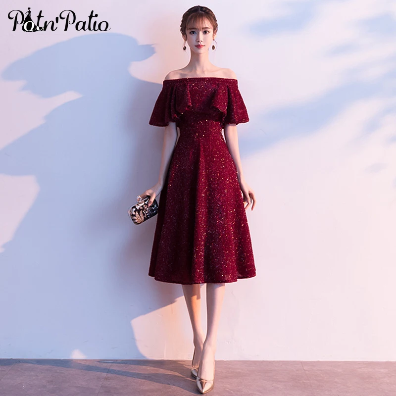 

Elegant Boat Neck Off The Shoulder A-line Tea Length Burgundy Evening Dresses With Ruffles 2019 New Shiny Prom Dresses
