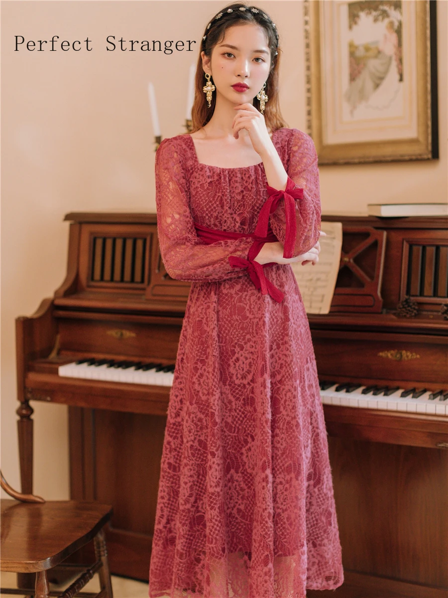 2019 Autumn New Arrival Retro Square Collar Collect Waist Woman Long Lace Dress