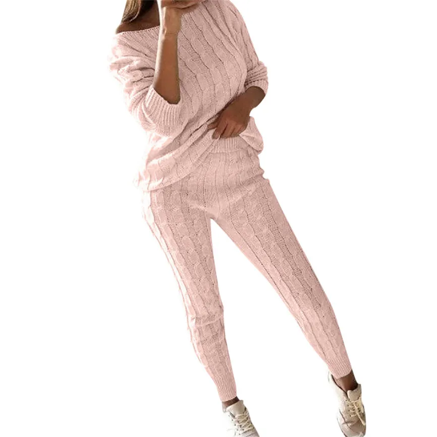Pink Женский комплект, повседневные однотонные штаны, костюмы для девушек, с открытыми плечами, вязаный, теплый, 2 шт., домашняя одежда, костюм, женский костюм,, высокое качество - Цвет: Pink