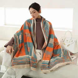2022 Horse Print lady Cashmere Scarf Winter Floral Pashmina Shawls Wraps Soft Thick Blanket Ladies Office Stoles Scarves