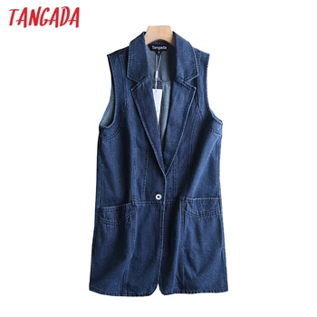 

Tangada 2020 autumn women elegant denim long waistcoat vest coat casual female sleeveless jacket female top 3S3