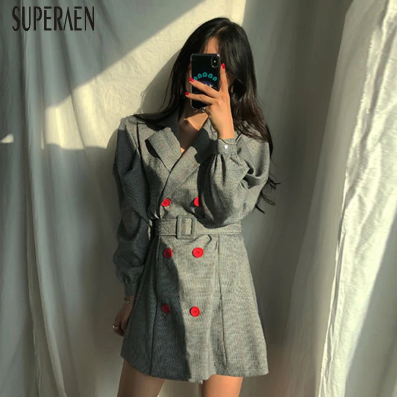 SuperAen, корейский стиль, женское платье, новинка, весна, хлопок, дикое, женское платье, темперамент, двубортное, в клетку, женская одежда