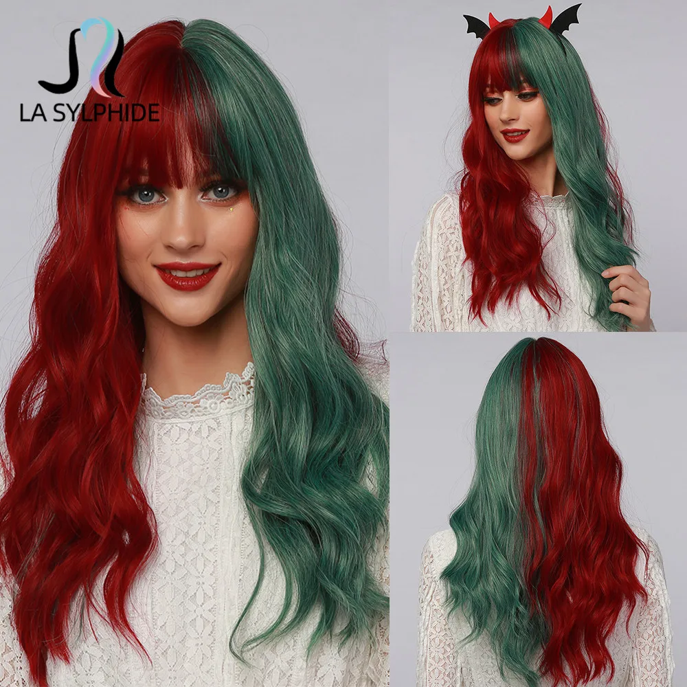 Party Wig Bangs Synthetic-Wigs Cosplay Halloween Nature Half-Green Wave Long Woman Red