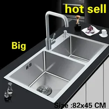 Бытовая стандартная кухонная ручная раковина двойной паз мытье посуды 304 нержавеющая сталь большая Горячая 82x45 см
