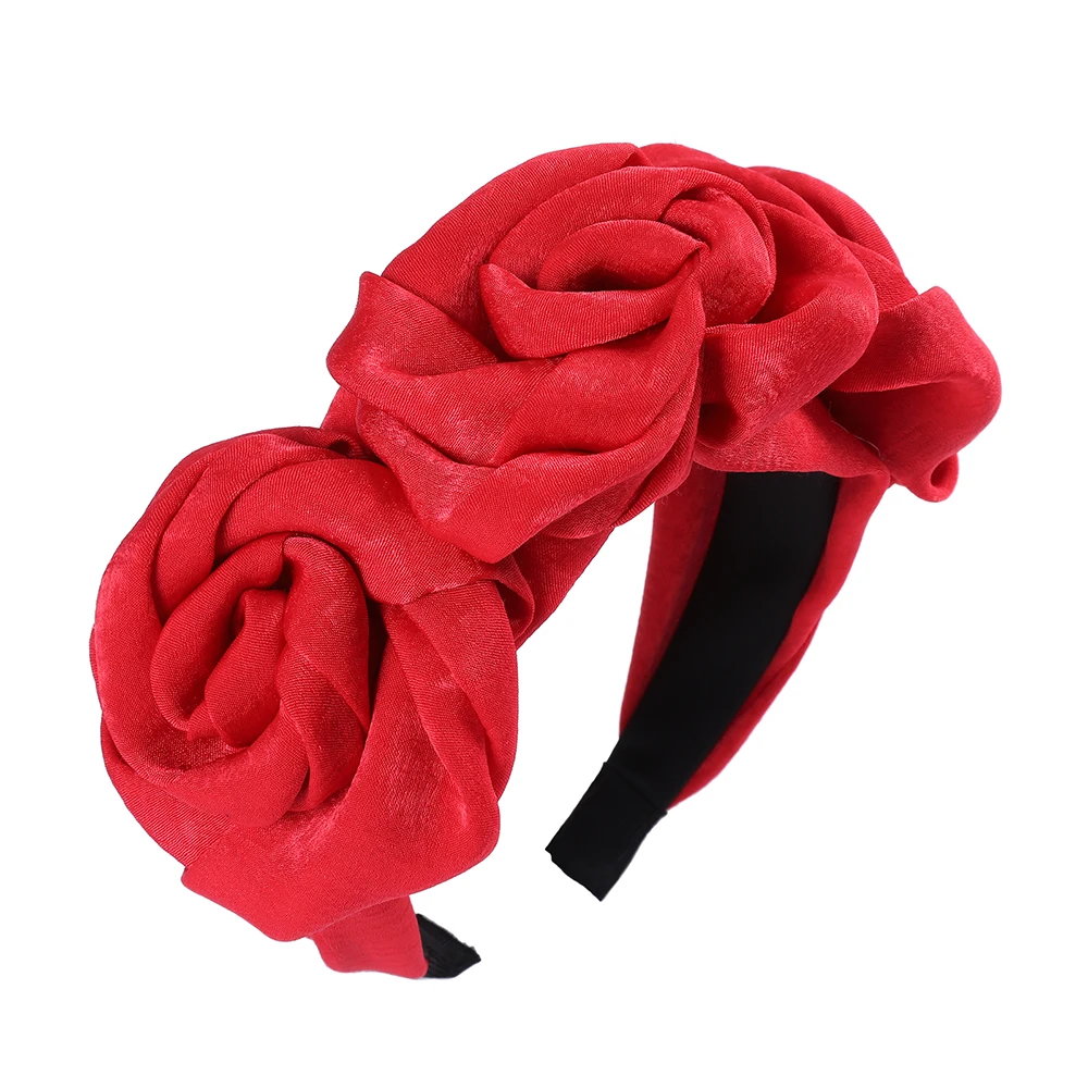 Женская атласная повязка на голову Haimeikang, однотонный обруч обтянутый тканью с цветочным узором и большим цветком, на праздник - Цвет: red
