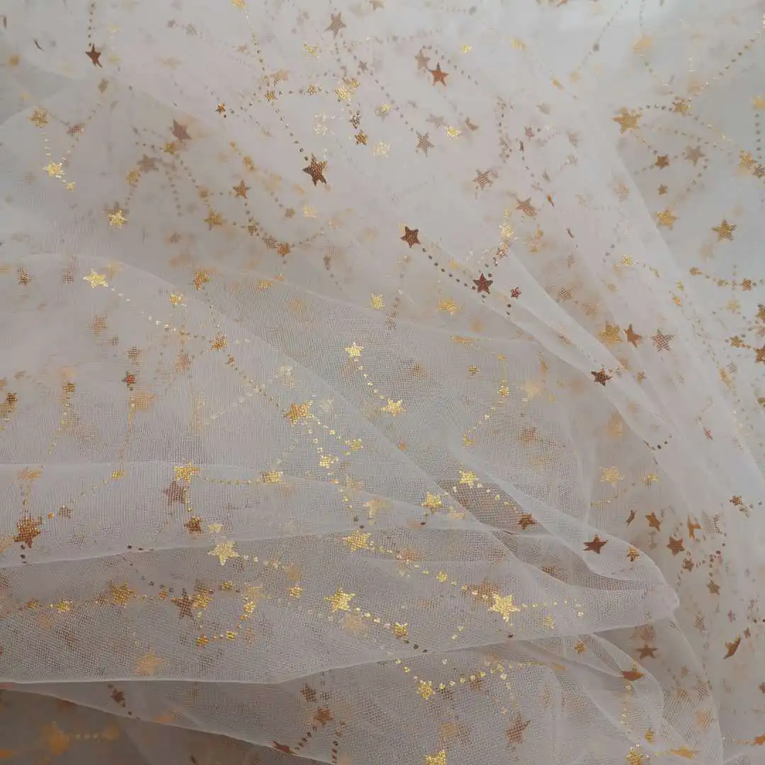 Print Gold Small Stars Tulle Lace Fabric Glitter Mesh for Party Dress, Tutu  Dress, Evening Ball