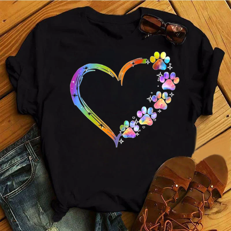 Women T Shirt Cartoon Tops Colorful Heart Dog Paw Print T-shirt Female Summer T-shirt 90s Girls Short Sleeve Tee Black T-shirts cute summer crop tops