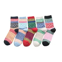 Новинка, 5 пар женских носков, теплые зимние толстые шерстяные винтажные удобные носки с геометрическим принтом