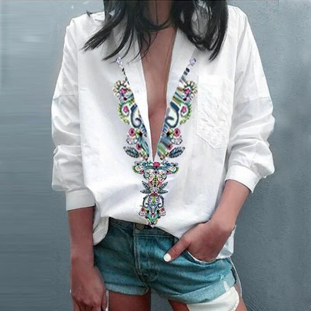 

2019 Women Floral Print Ethnic Shirts Fashion V Neck Long Sleeve White Color Blouses Ladies Casual Loose Blouse Mujer Tops