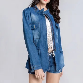 

Denim Feminine Women's Pure Color Wash The Old Zipper Loose Size Jeans Jacket Tops Turn-down Collar Jean Jacket Autumn Coat 7.29