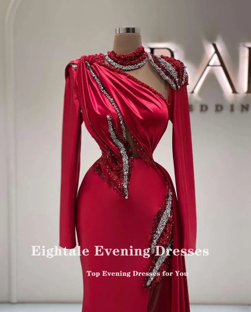 Eightale Arabic Evening Dresses with Pearls High Neck Beaded Long Sleeve Dubai Prom Gown Red Mermaid Satin Celebrity Party Dress evening gowns for women