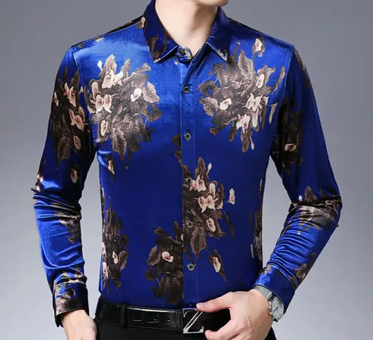 Синий Mens Autumn Fashion Gold Velvelt Floral Dress Shirt Casual Fit Slim Business Males Flowers Velvet Shirts - Цвет: Синий