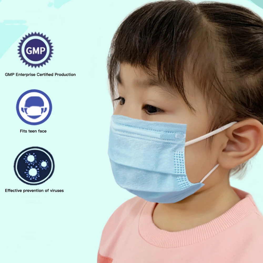 

50PCS 3 layer Disposable For Child Kids Mask Elastic Mouth Soft Breathable Blue AntiFlu Hygiene Face Mask In Stock Dropshipping