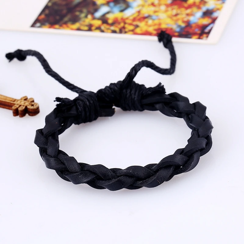 Простые ретро тканые кожаные браслеты ручной работы из воловьей кожи с