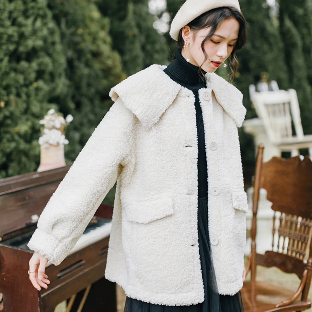 

Teddy Cozy Thick Jackets Single-Breasted Grain Fleece Coat Simple Preppy Style Solid Color Student Outwear Women Winter Coat