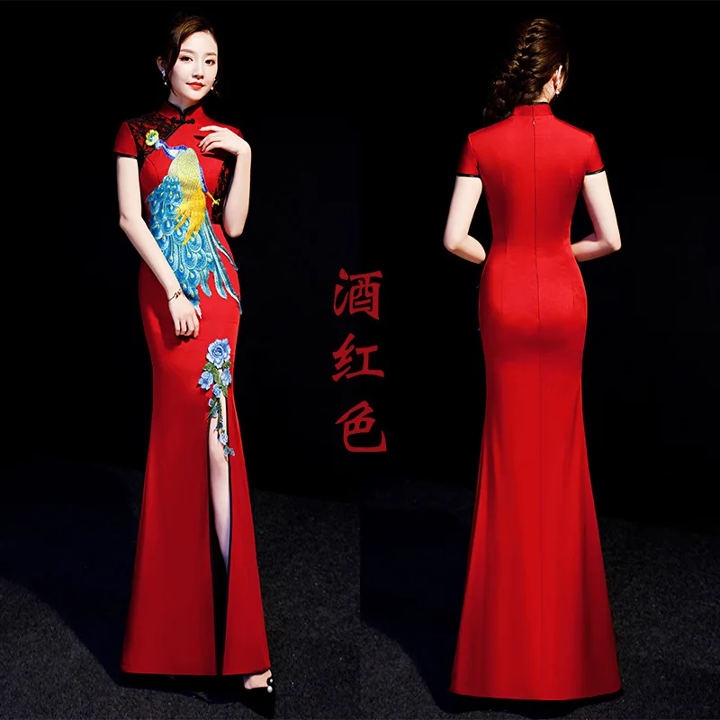 Sexy Lace peacock flower embroidery Standing collar Improved cheongsam Qipao Evening Dress Vestidos - Цвет: Burgundy