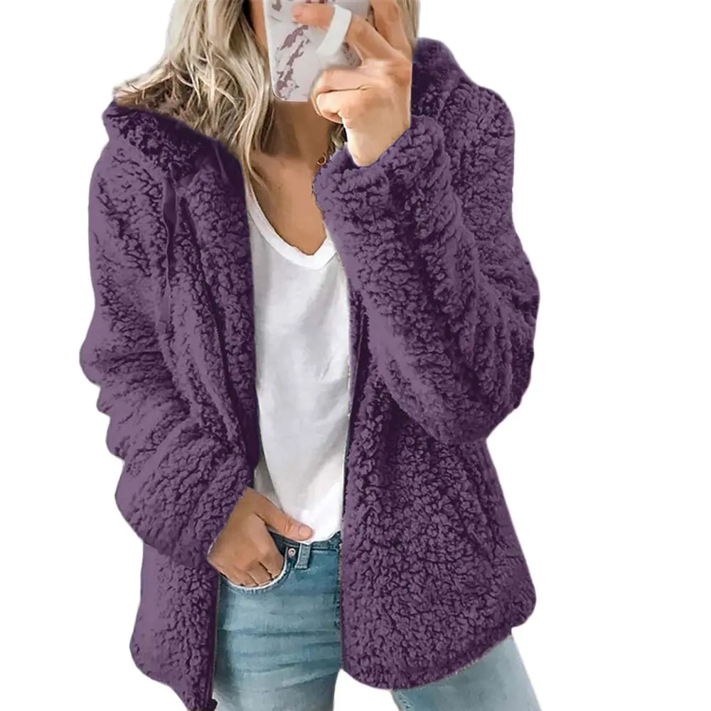Women Autumn Winter Jacket Female Coat Causal Soft Hooded Fleece Plush Warm Plus Size Faux Fur Fluffy Zipper Top Sudadera