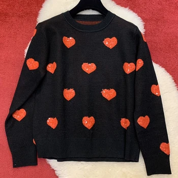 

Fashion Heart-shaped Knitted Women o-neck Sweater Pullovers Spring Autumn Women Sweaters Pullover Slim Fit Black Top