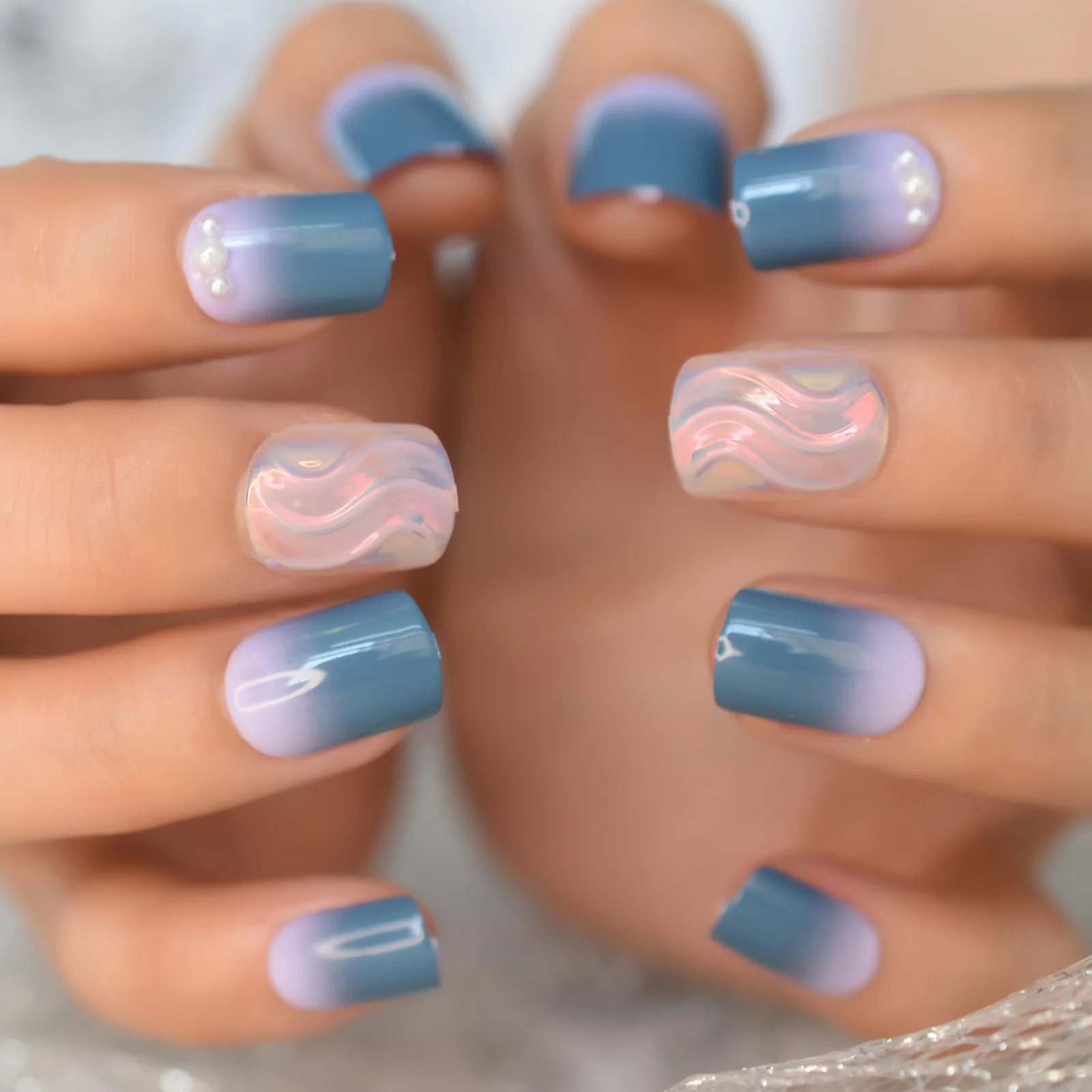 Oct New Designs Nail With Two Uneven Nails Fadeing Blue And Charms Designs  Nail Press On Fake Nail Medium Square Fingernails Set|False Nails| -  AliExpress
