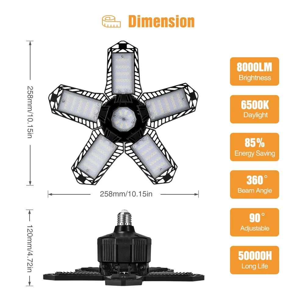 Lâmpada de 360 Interior Deformable Folding Fan Blade Led Trabalho Luz Ac85-265v Dobrável Garagem Graus Ajustável Teto Estacionamento 80w E26 4 de 360 graus ajustável teto estacionamento
