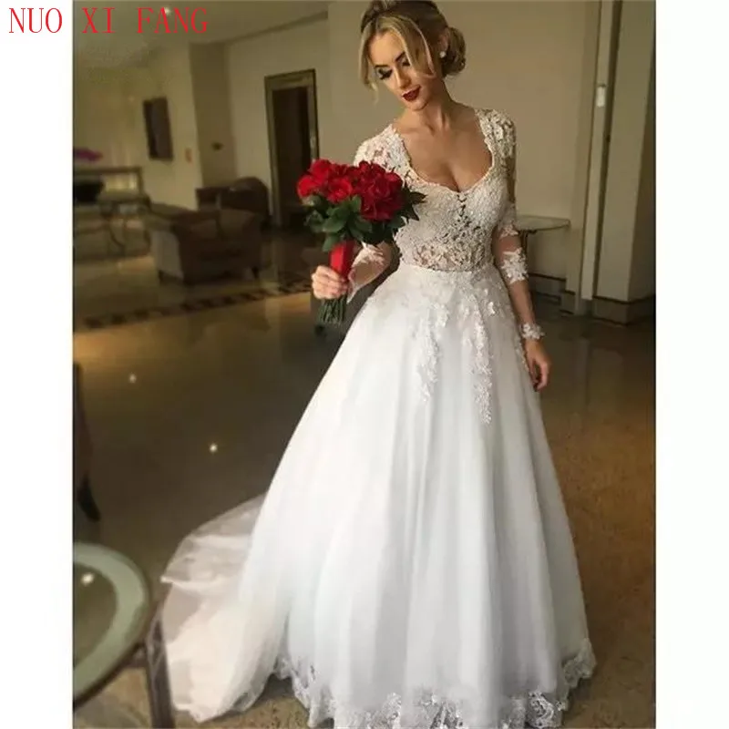 

Hot Sale Elegant A-line Lace Appliques Beaded Cheap Wedding Dress Long Sleeve Backless 2020 Bridal Dress Vestido De Noivas