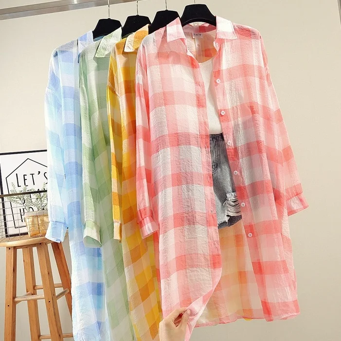 2019 Summer New Women Casual Medium length fund Multi color Shirts Loose Long Sleeve Plaid Shirt Thin coat