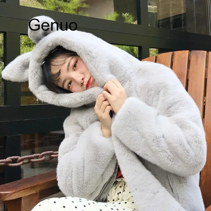 Sweet Women Coat Autumn Winter Cute Hooded Rabbit Ears Fluffy Coat Female Imitation Fur Thick Coat Furry Thick Warm Fur Kawaii