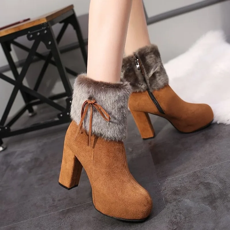

Women Winter Boots 2019 New Female Solid Fashion Super High Heel Platform PU Leather Flock Boots Plush Thick Warm Shoes AELNN402