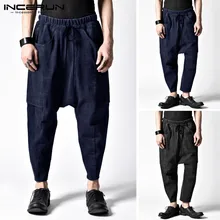 INCERUN штаны-шаровары мужские хип-хоп штаны для уличного бега Свободные повседневные штаны с заниженным шаговым швом мешковатые карманы однотонные брюки мужские