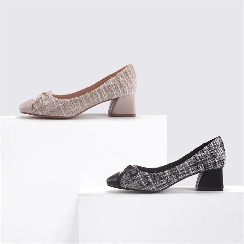 Korean Plaid Single High Heels Pumps Shoes Woman 2020 New Square Toe Thick Heels Women Pumps Fashion Bow High Heel Women's Shoes (5)